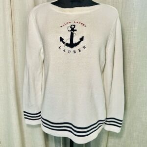 Vintage LAUREN RALPH LAUREN Pullover Sweater M Anchor Nautical Stripe Boat Neck